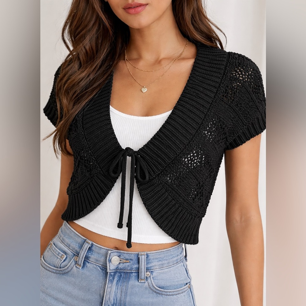 Black Open Knit Cropped Cardigan Tie Front Short Sleeve Boho Layering Top